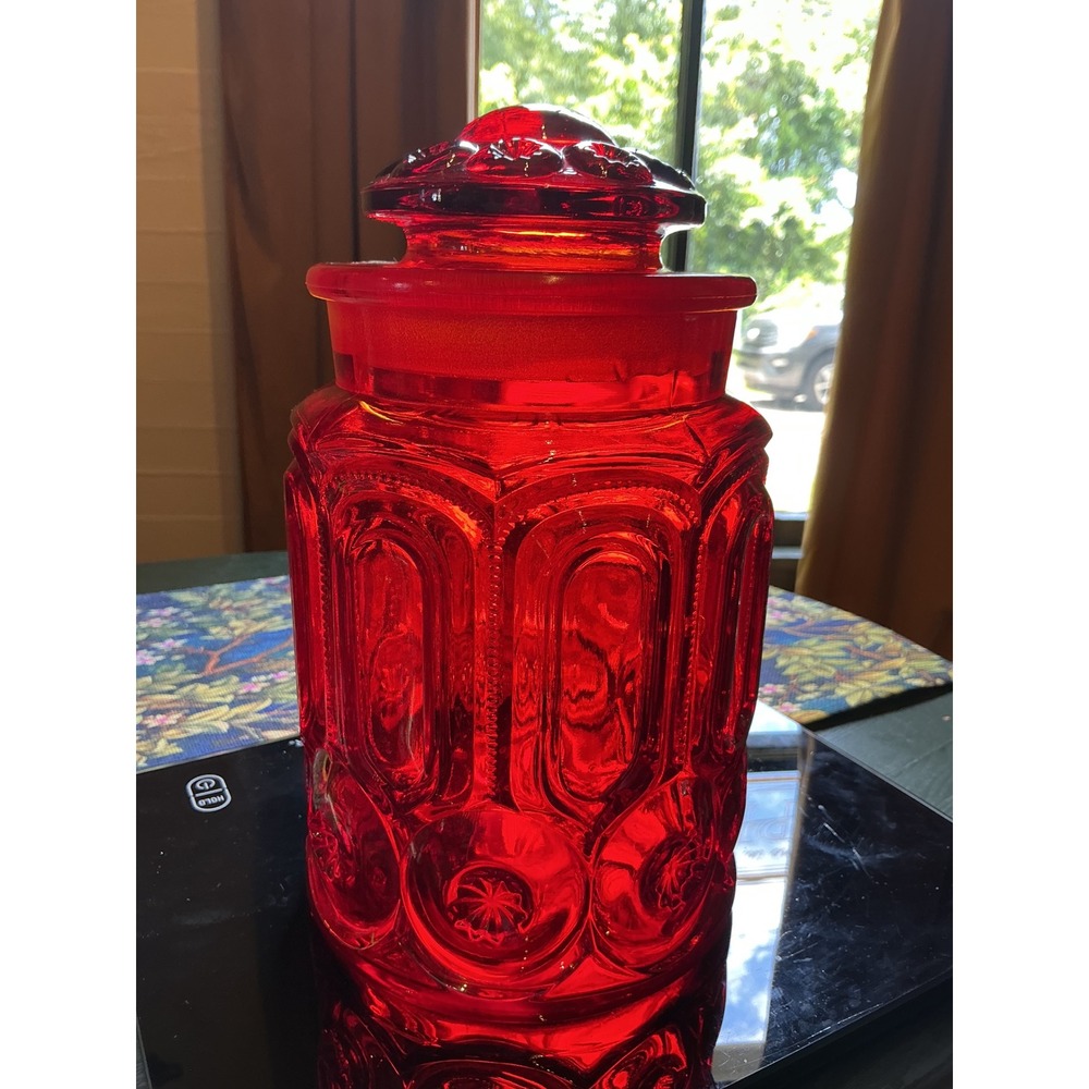 LE Smith Moon and Star Amberina Red Glass Canister Jar Cadmium Vintage As IS